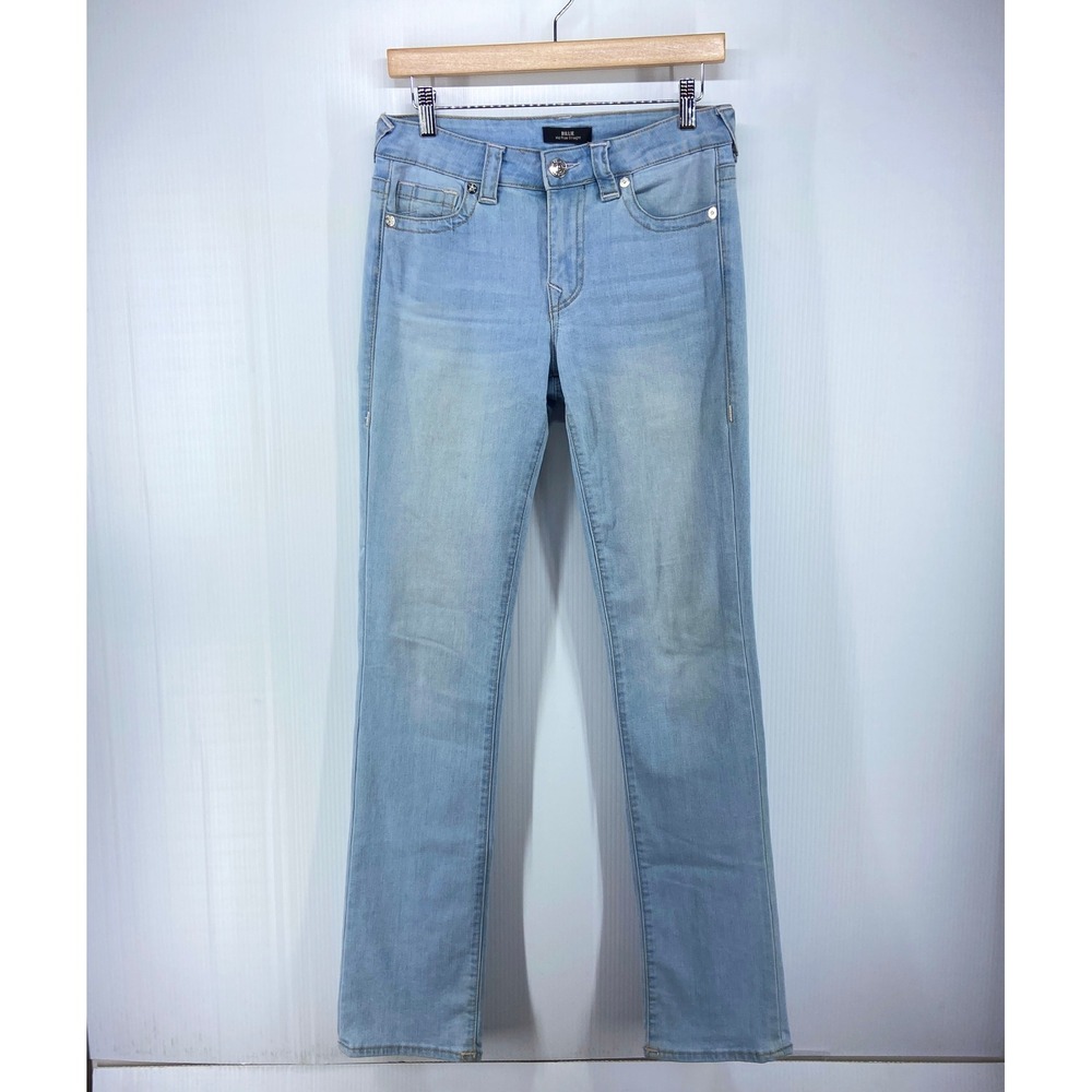 True Religion Billie Mid Rise Straight Jeans Light Blue Wash Denim Womens 27